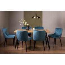 Ramsay Rustic Oak Effect Melamine 6 Seater Dining Table with 4 Legs  & 6 Cezanne Petrol Blue Velvet Fabric Chairs with Sand Black Powder Coated Legs