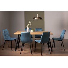 Ramsay Oak Melamine 6 Seater Table - 4 Legs & 6 Mondrian Petrol Blue Velvet Chairs