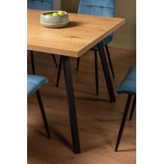 Ramsay Rustic Oak Effect Melamine 6 Seater Dining Table with 4 Legs  & 6 Mondrian Petrol Blue Velvet Fabric Chairs with Sand Black Powder Coated Legs
