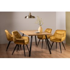 Ramsay Rustic Oak Effect Melamine 6 Seater Dining Table with 4 Legs  & 4 Dali Mustard Velvet Fabric Chairs with Sand Black Powder Coated Legs
