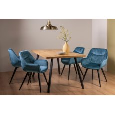 Ramsay Rustic Oak Effect Melamine 6 Seater Dining Table with 4 Legs  & 4 Dali Petrol Blue Velvet Fabric Chairs with Sand Black Powder Coated Legs