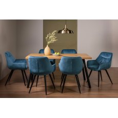 Ramsay Rustic Oak Effect Melamine 6 Seater Dining Table with 4 Legs  & 6 Dali Petrol Blue Velvet Fabric Chairs with Sand Black Powder Coated Legs