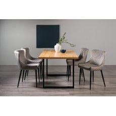 Ramsay Rustic Oak Effect Melamine 6 Seater Dining Table with U Leg  & 4 Cezanne Grey Velvet Fabric Chairs with Sand Black Powder Coated Legs