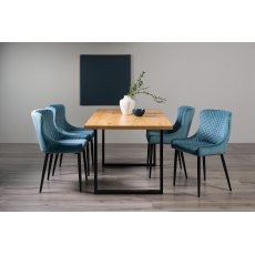 Ramsay Oak Melamine 6 Seater Table - U Leg & 4 Cezanne Petrol Blue Velvet Chairs - Black Legs