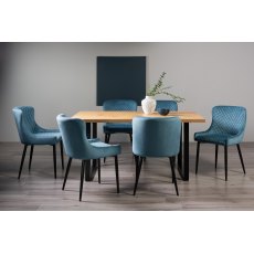 Ramsay Rustic Oak Effect Melamine 6 Seater Dining Table with U Leg  & 6 Cezanne Petrol Blue Velvet Fabric Chairs with Sand Black Powder Coated Legs