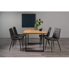 Ramsay Rustic Oak Effect Melamine 6 Seater Dining Table with U Leg  & 4 Mondrian Dark Grey Faux Leather Chairs with Sand Black Powder Coated Legs