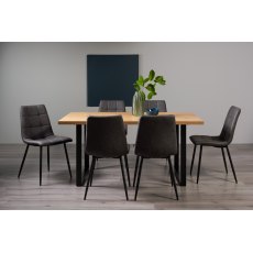 Ramsay Rustic Oak Effect Melamine 6 Seater Dining Table with U Leg  & 6 Mondrian Dark Grey Faux Leather Chairs with Sand Black Powder Coated Legs