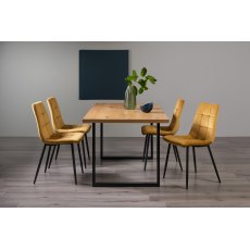Ramsay Rustic Oak Effect Melamine 6 Seater Dining Table with U Leg  & 4 Mondrian Mustard Velvet Fabric Chairs with Sand Black Powder Coated Legs