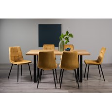 Ramsay Rustic Oak Effect Melamine 6 Seater Dining Table with U Leg  & 6 Mondrian Mustard Velvet Fabric Chairs with Sand Black Powder Coated Legs