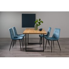 Ramsay Rustic Oak Effect Melamine 6 Seater Dining Table with U Leg  & 4 Mondrian Petrol Blue Velvet Fabric Chairs with Sand Black Powder Coated Legs