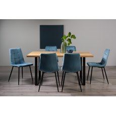 Ramsay Rustic Oak Effect Melamine 6 Seater Dining Table with U Leg  & 6 Mondrian Petrol Blue Velvet Fabric Chairs with Sand Black Powder Coated Legs