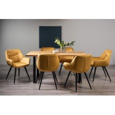 Ramsay Rustic Oak Effect Melamine 6 Seater Dining Table with U Leg  & 6 Dali Mustard Velvet Fabric Chairs with Sand Black Powder Coated Legs