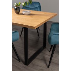 Ramsay Rustic Oak Effect Melamine 6 Seater Dining Table with U Leg  & 6 Dali Petrol Blue Velvet Fabric Chairs with Sand Black Powder Coated Legs