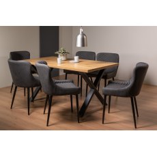 Ramsay Rustic Oak Effect Melamine 6 Seater Dining Table with X Leg  & 6 Cezanne Dark Grey Faux Leather Chairs with Sand Black Powder Coated Legs