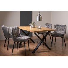 Ramsay Oak Melamine 6 Seater Table - X Leg & 4 Cezanne Grey Velvet Chairs - Black Legs