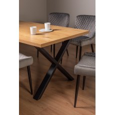 Ramsay Oak Melamine 6 Seater Table - X Leg & 4 Cezanne Grey Velvet Chairs - Black Legs