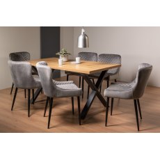 Ramsay Rustic Oak Effect Melamine 6 Seater Dining Table with X Leg  & 6 Cezanne Grey Velvet Fabric Chairs with Sand Black Powder Coated Legs