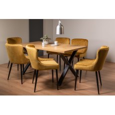 Ramsay Rustic Oak Effect Melamine 6 Seater Dining Table with X Leg  & 6 Cezanne Mustard Velvet Fabric Chairs with Sand Black Powder Coated Legs