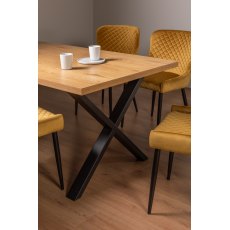 Ramsay Rustic Oak Effect Melamine 6 Seater Dining Table with X Leg  & 6 Cezanne Mustard Velvet Fabric Chairs with Sand Black Powder Coated Legs
