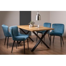 Ramsay Rustic Oak Effect Melamine 6 Seater Dining Table with X Leg  & 4 Cezanne Petrol Blue Velvet Fabric Chairs with Sand Black Powder Coated Legs