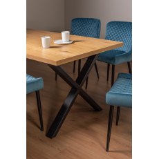 Ramsay Oak Melamine 6 Seater Table - X Leg & 4 Cezanne Petrol Blue Velvet Chairs - Black Legs