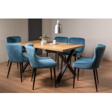 Ramsay Rustic Oak Effect Melamine 6 Seater Dining Table with X Leg  & 6 Cezanne Petrol Blue Velvet Fabric Chairs with Sand Black Powder Coated Legs