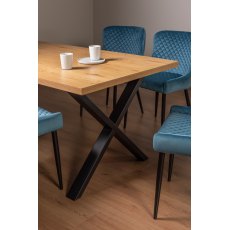 Ramsay Rustic Oak Effect Melamine 6 Seater Dining Table with X Leg  & 6 Cezanne Petrol Blue Velvet Fabric Chairs with Sand Black Powder Coated Legs