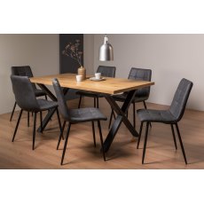 Ramsay Rustic Oak Effect Melamine 6 Seater Dining Table with X Leg  & 6 Mondrian Dark Grey Faux Leather Chairs with Sand Black Powder Coated Legs