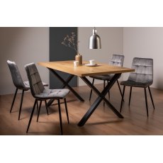 Ramsay Rustic Oak Effect Melamine 6 Seater Dining Table with X Leg  & 4 Mondrian Grey Velvet Fabric Chairs with Sand Black Powder Coated Legs