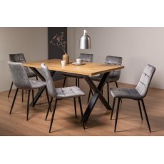 Ramsay Rustic Oak Effect Melamine 6 Seater Dining Table with X Leg  & 6 Mondrian Grey Velvet Fabric Chairs with Sand Black Powder Coated Legs