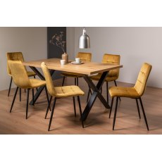 Ramsay Rustic Oak Effect Melamine 6 Seater Dining Table with X Leg  & 6 Mondrian Mustard Velvet Fabric Chairs with Sand Black Powder Coated Legs