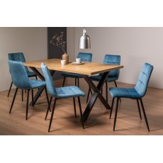 Ramsay Rustic Oak Effect Melamine 6 Seater Dining Table with X Leg  & 6 Mondrian Petrol Blue Velvet Fabric Chairs with Sand Black Powder Coated Legs