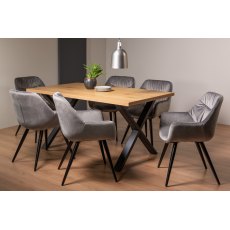 Ramsay Rustic Oak Effect Melamine 6 Seater Dining Table with X Leg  & 6 Dali Grey Velvet Fabric Chairs with Sand Black Powder Coated Legs