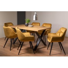 Ramsay Rustic Oak Effect Melamine 6 Seater Dining Table with X Leg  & 6 Dali Mustard Velvet Fabric Chairs with Sand Black Powder Coated Legs