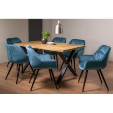 Ramsay Rustic Oak Effect Melamine 6 Seater Dining Table with X Leg  & 6 Dali Petrol Blue Velvet Fabric Chairs with Sand Black Powder Coated Legs