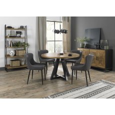 Indus Rustic Oak 4 Seater Dining Table with Peppercorn Legs & 4 Cezanne Dark Grey Faux Leather Chairs with Sand Black Powder Coated Legs
