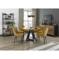 Indus Rustic Oak 4 Seater Dining Table with Peppercorn Legs & 4 Cezanne Mustard Velvet Fabric Chairs with Sand Black Powder Coated Legs