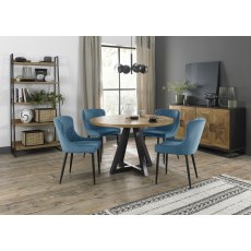 Indus Rustic Oak 4 Seater Dining Table with Peppercorn Legs & 4 Cezanne Petrol Blue Velvet Fabric Chairs with Sand Black Powder Coated Legs