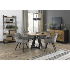 Indus Rustic Oak 4 Seater Dining Table with Peppercorn Legs & 4 Dali Grey Velvet Fabric Chairs with Sand Black Powder Coated Legs