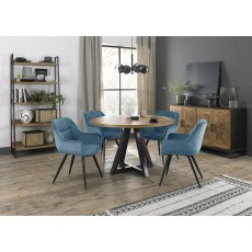 Indus Rustic Oak 4 Seater Dining Table with Peppercorn Legs & 4 Dali Petrol Blue Velvet Fabric Chairs with Sand Black Powder Coated Legs