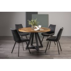 Indus Rustic Oak 4 Seater Dining Table with Peppercorn Legs & 4 Fontana Dark Grey Faux Suede Fabric Chairs with Grey Hand Brushing on Black Powder Coated Legs