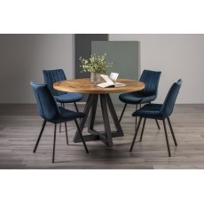 Indus Rustic Oak 4 Seater Dining Table with Peppercorn Legs & 4 Fontana Blue Velvet Fabric Chairs with Grey Hand Brushing on Black Powder Coated Legs