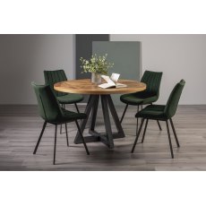 Indus Rustic Oak 4 Seater Dining Table with Peppercorn Legs & 4 Fontana Green Velvet Fabric Chairs with Grey Hand Brushing on Black Powder Coated Legs