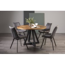 Indus Rustic Oak 4 Seater Dining Table with Peppercorn Legs & 4 Fontana Grey Velvet Fabric Chairs with Grey Hand Brushing on Black Powder Coated Legs