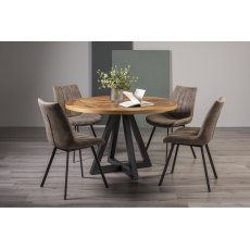 Indus Rustic Oak 4 Seater Dining Table with Peppercorn Legs & 4 Fontana Tan Faux Suede Fabric Chairs with Grey Hand Brushing on Black Powder Coated Legs