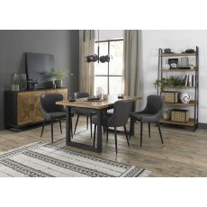 Indus Rustic Oak 4-6 Seater Dining Table with Peppercorn Legs & 4 Cezanne Dark Grey Faux Leather Chairs with Sand Black Powder Coated Legs