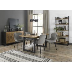 Indus Rustic Oak 4-6 Seater Dining Table with Peppercorn Legs & 4 Cezanne Grey Velvet Fabric Chairs with Sand Black Powder Coated Legs