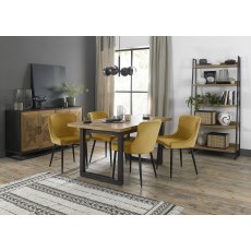 Indus Rustic Oak 4-6 Seater Dining Table with Peppercorn Legs & 4 Cezanne Mustard Velvet Fabric Chairs with Sand Black Powder Coated Legs