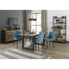 Indus Rustic Oak 4-6 Seater Dining Table with Peppercorn Legs & 4 Cezanne Petrol Blue Velvet Fabric Chairs with Sand Black Powder Coated Legs