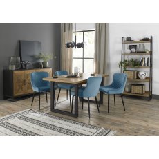 Indus Rustic Oak 4-6 Seater Table & 4 Cezanne Petrol Blue Velvet Chairs - Black Legs